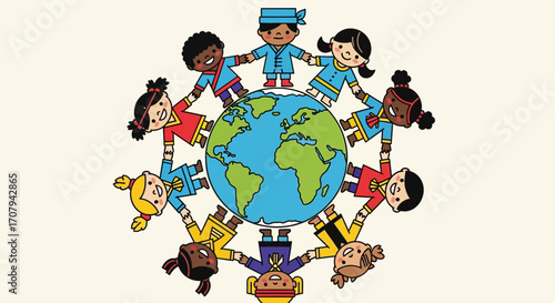 Diverse children holding hands around the world, promoting unity and global friendship