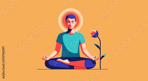 Meditating Man with Halo in Lotus Position for Inner Peace and Mindfulness.