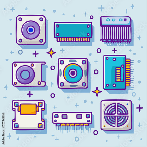 Modern flat vector illustration showcasing essential computer hardware components and electronic parts. Perfect for digital technology and engineering designs