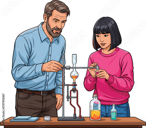 Older man teaching young woman science experiment with chemical apparatus on table, chemistry lesson, education, learning