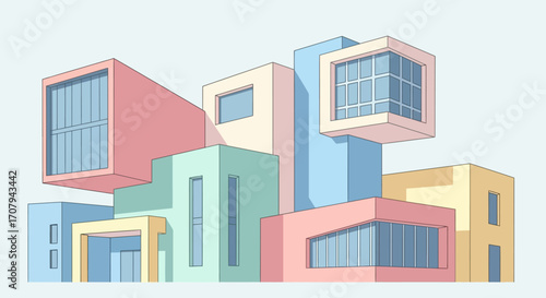 Modern architectural design showcasing geometric shapes and vibrant colors in a contemporary urban setting.