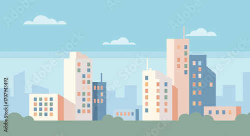 Modern Cityscape Illustration with Colorful Buildings and Apartments.