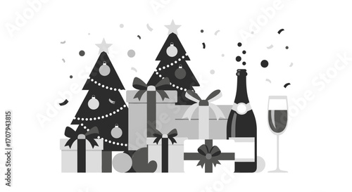 Monochrome illustration of Christmas trees gifts and champagne.
