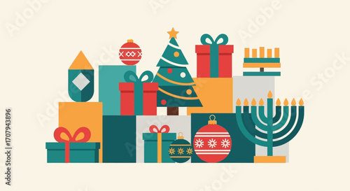 Multicultural Winter Holiday Icons Illustration with Festive Symbols.