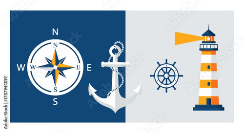 Nautical compass anchor and lighthouse represent navigation and guidance.