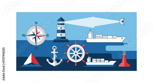 Nautical navigation elements with ships, lighthouse, compass, and anchor.
