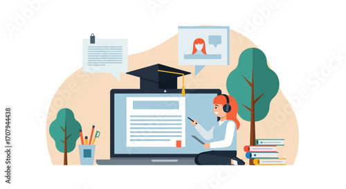 Online Education and E-learning Concept with Student and Laptop.