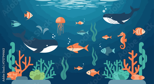 Ocean wildlife - whales, fish, jellyfish, seahorse.