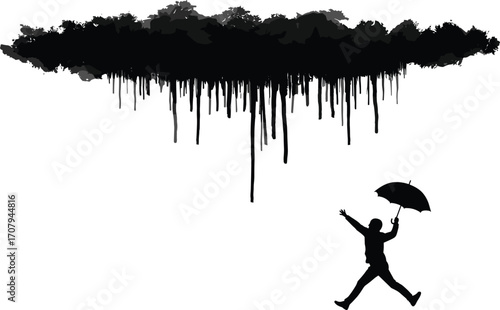 Silhouette of person escaping dark cloud with umbrella, dramatic motion concept, black and white vector for adversity, resilience, emotional stock content