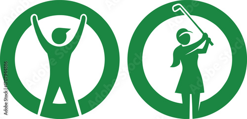 Green circular icons of celebration and golf swing, minimalist vector illustration for sports activity, emotion, lifestyle signage, stock content design