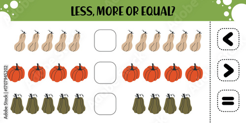 Less More or Equal Counting Activity for Kids. Preschool math worksheet with pumpkins and gourds