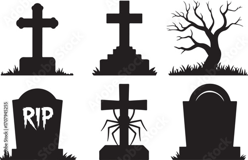 Cross religion cemetery vector illustration with christian symbols and graveyard design. Halloween icon set