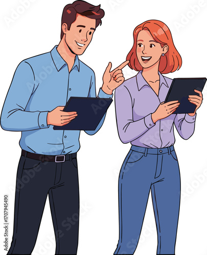 Business team discussing project using digital tablets, office communication, teamwork collaboration, professional environment, digital technology, modern workplace, casual business attire