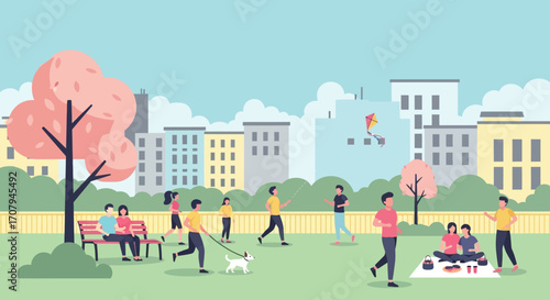 People enjoying a sunny day in a vibrant city park with trees and buildings.
