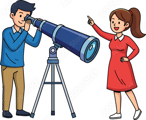Title:
Young boy looking through telescope, girl pointing at stars, astronomy learning, space observation, outdoor education, science curiosity, stargazing, children exploring