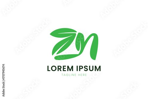 Minimalist green leafy logo design featuring letters zn organic natural branding concept