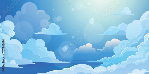 Sky with Clouds illustration in flat style. Sky and clouds background. Cloudy vector cartoon illustration in blue color.