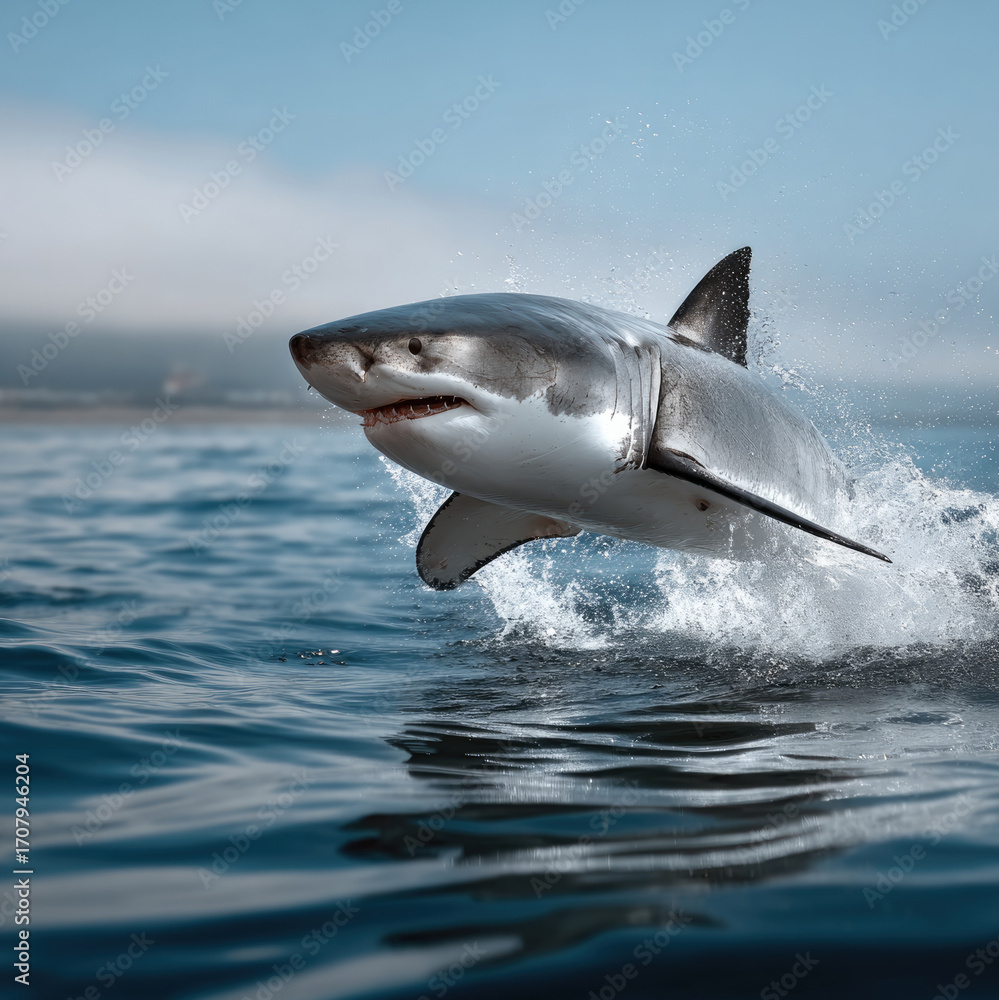 Fototapeta premium Great white shark ocean jump splash predator power water wildlife