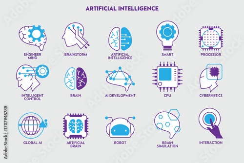 A modern collection of Artificial Intelligence icons featuring brain, robot, processor, and cybernetics designs