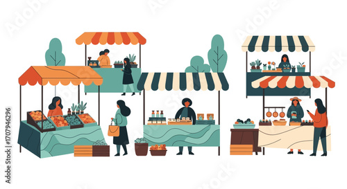 People shopping at outdoor market stalls with fresh produce and goods.