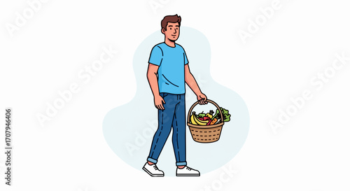 Man with basket of food filled with groceries, including fruits and vegetables on white background. Man carries food basket, carefully selecting organic produce from farmers market.