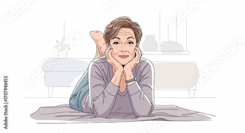 Woman lying down on rug in living room, woman lying down casually with hands near face. This woman lying down relaxes in comfortable indoor setting.