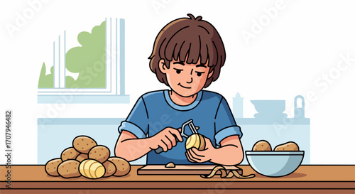 Boy peeling potatoes on wooden board in sunny kitchen. Boy peels potatoes, preparing ingredients, with fresh potatoes on board. Boy peeling potatoes is for cooking or healthy eating.