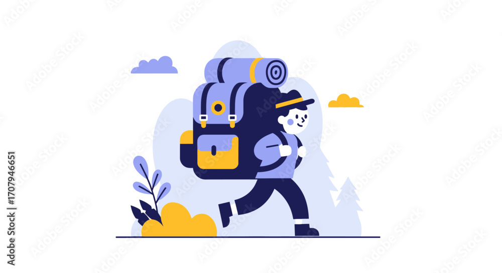 Fototapeta premium Person trekking with backpack and supplies.
