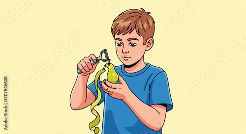 Boy peeling pear with a peeler in kitchen shows learning to peel fruit. Peeling pear requires patience and skill in peeling pears.