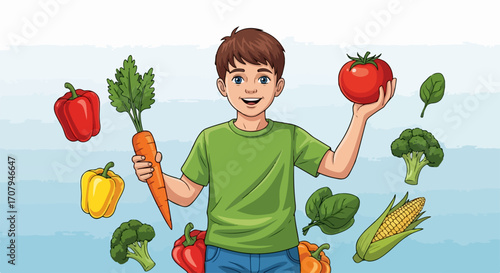 Boy with vegetables displays healthy assortment of fresh food for a balanced diet. Boy with vegetables shows off nutritious produce, including vibrant peppers, carrots, broccoli, and spinach,
