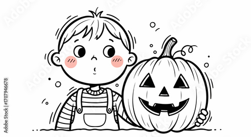 Happy Halloween illustration, presenting cartoon child with carved pumpkin ready for trick or treat. Happy Halloween illustration with fun boy and pumpkin anticipates costume party and candy.