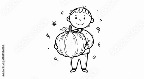Boy with pumpkin illustration on white background, showing autumn produce with happy expression. Boy with pumpkin image conveys seasonal cheer and the joy of harvest time.