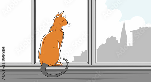 Orange cat gazing, orange cat looking at urban landscape through window, calm domestic animal enjoys cityscape scene. Domestic cat enjoys tranquility of home and beauty of city.