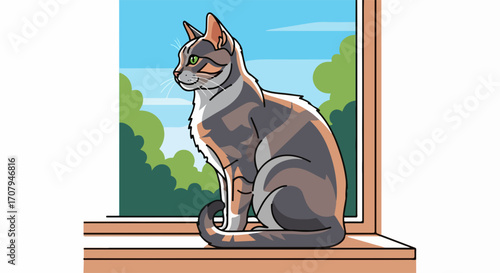 Charming cat on windowsill in home looking outside at blue sky, illustration. Cute cat on windowsill with fluffy grey and white fur, watching nature. Lovely cat on windowsill,