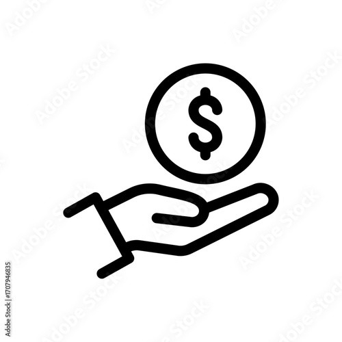 Hand holding a dollar coin, representing financial assistance, charity, or investment. Clean and modern icon for websites, apps, and presentations