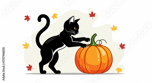 Black cat on white background with a pumpkin presents festive fall spirit. Black cat is playfully interacting with bright orange pumpkin amidst falling autumn leaves.