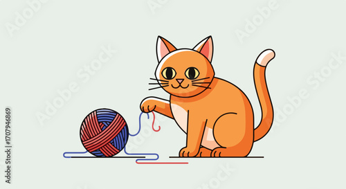 Charming ginger cat playing with yarn, a delightful sight. Ginger cat is having fun with a ball of wool, creating playful scene, yarn is tangled and creating cozy, cheerful mood.