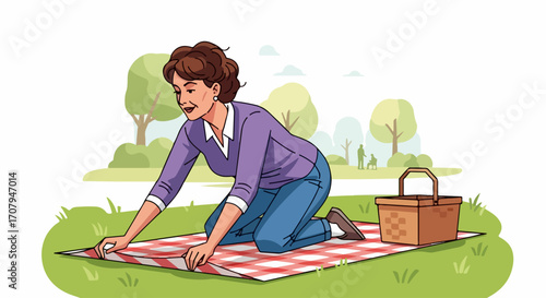 Picnic illustration shows woman preparing red checkered blanket on green grass. Picnic illustration depicts woman on her knees arranging picnic blanket in park with trees.