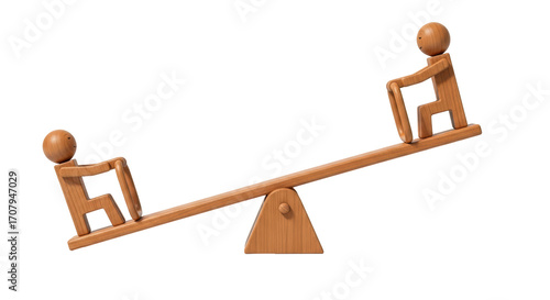 Valokuva Isolated wooden see-saw with two stylized stick figures balanced on the ends, fa
