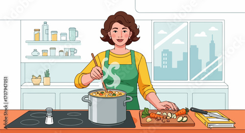 Preparing vegetable soup in modern kitchen with healthy ingredients, nutritious and delicious. Cooking vegetable soup involves preparing fresh produce and simmering it in pot.