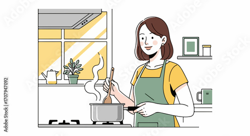 Cooking food in kitchen featuring a woman stirring steaming food in pot on stove top. Cooking food for nourishment and sustenance, woman smiles, content with cooking food she makes.