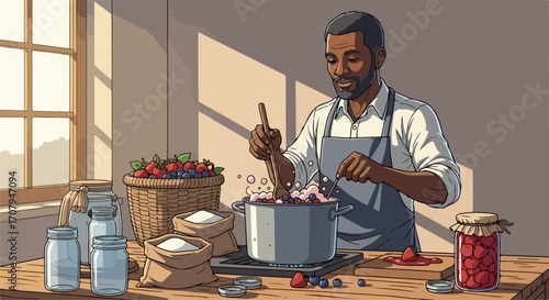Man cooking jam in kitchen near window, preparing homemade jam with various berries and sugar, stirring pot of jam. Preparation of homemade jam from fresh fruit ingredients requires patience.