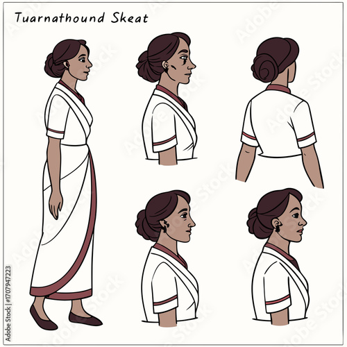 Woman Turnaround Sheet – Front, Side, ⅓ Front view, ⅓ Back View and Back Views. Female Character Turnaround Sheet. Indian Woman