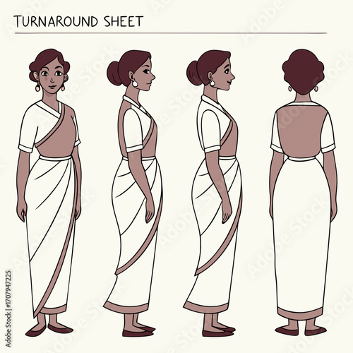 Woman Turnaround Sheet – Front, Side, ⅓ Front view, ⅓ Back View and Back Views. Female Character Turnaround Sheet. Indian Woman