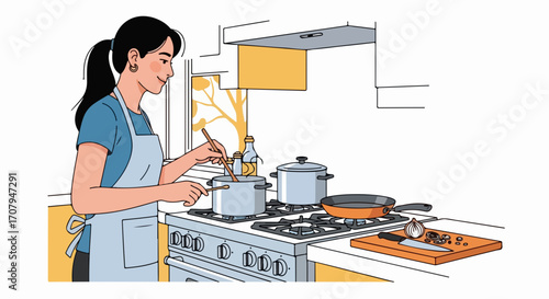 Woman Cooking at Home prepares food with pots on stove, carefully stirring. Cooking at home provides fresh homemade meals. Enjoy Cooking at home, practicing recipes and learning new skills for family.