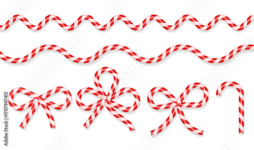 Candy cane borders and bows set. Red and white stripes. 3d Vector illustration