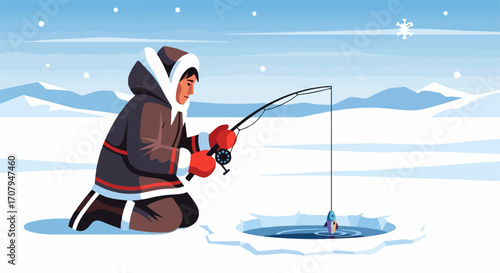 Inuit fishing on frozen lake with rod and warm clothing, Inuit fishing scene portrays winter activity and lifestyle, set against snowy landscape.