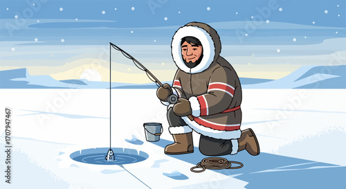 Cartoon ice fishing scene depicting character fishing in snow during cold winter day. Ice fishing includes fisherman dressed warmly, fishing equipment, ice hole, with winter landscape.