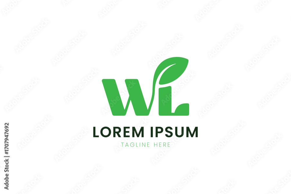 Fototapeta premium Modern minimalist green wl logo design featuring a leaf element and placeholder text