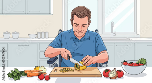 Wheelchair user prepares food, showcasing independence and everyday living skills, showing food preparation on kitchen counter. Everyday living is crucial for disabled, who enjoy healthy meals.